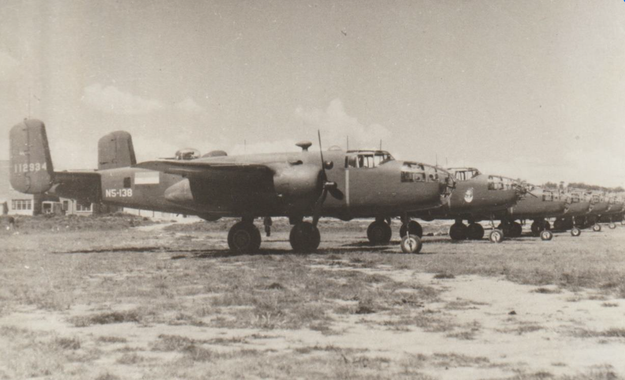 Part of a line-up of 12 of the Project Mark I Mitchells at Canberra in September 1942, the second in