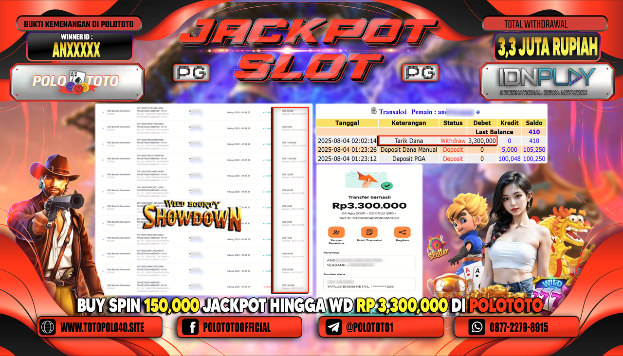 POLOTOTO JACKPOT SLOT WILD BOUNTY SHOWDOWN Rp.3.300.000,-LUNAS