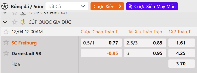 Tỷ lệ kèo&nbsp;Freiburg vs Darmstadt