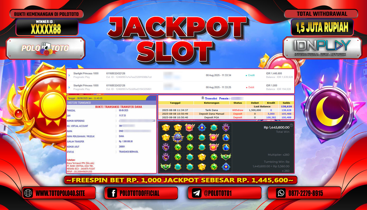 POLOTOTO JACKPOT SLOT STARLIGHT PRINCESS 1000 Rp.1.500.000,-LUNAS
