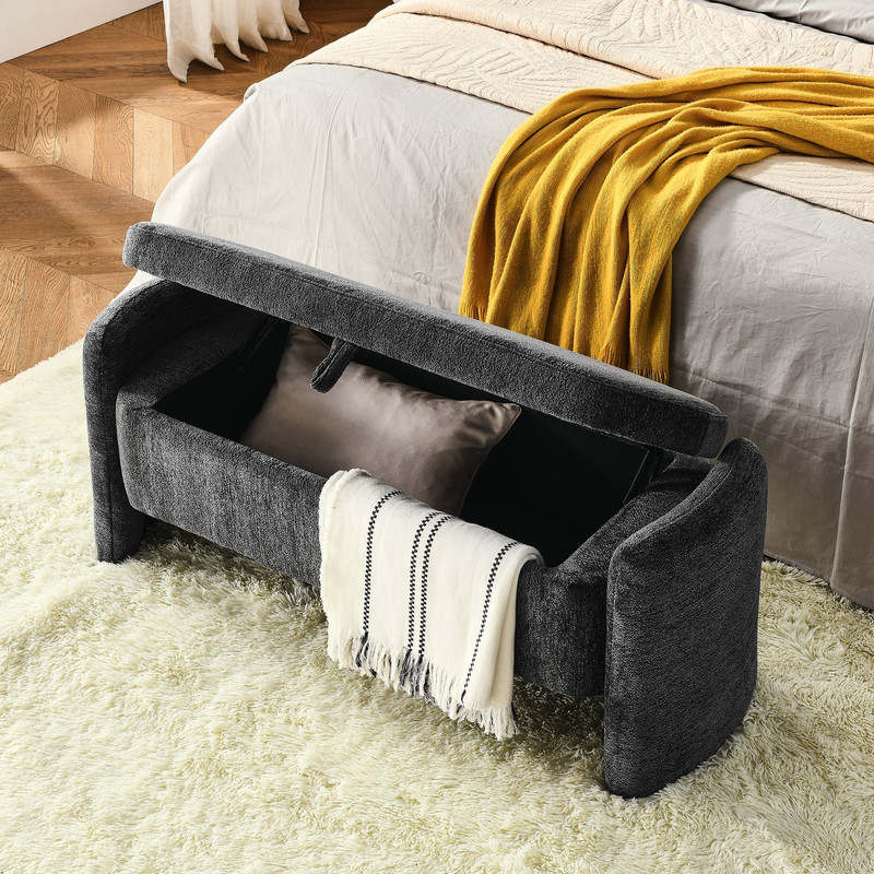 Gray Chenille Ottoman Oval Storage Bench for Living Room, Entryway & Bedroom - Picture 3 of 8