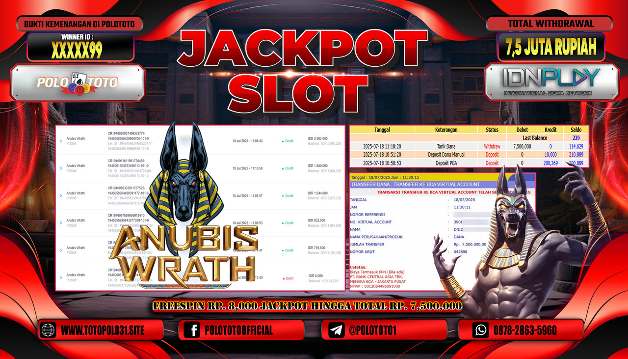 POLOTOTO JACKPOT SLOT ANUBIS WRATH Rp.7.500.000,- LUNAS