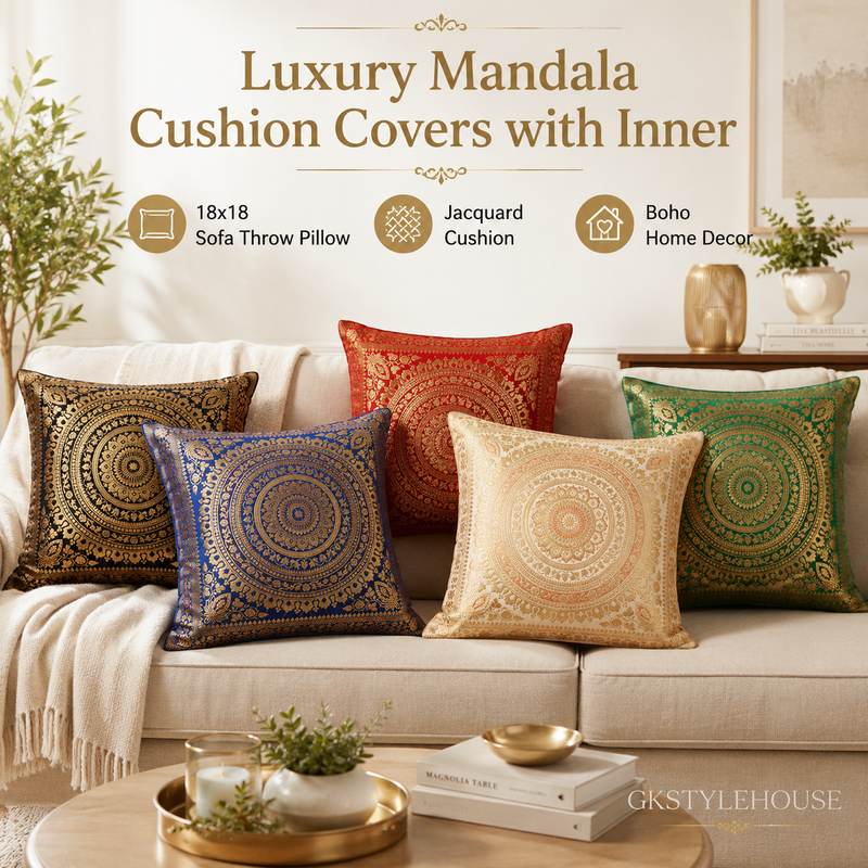 Luxury Mandala Jacquard Cushion Cover With Inner 18x18
