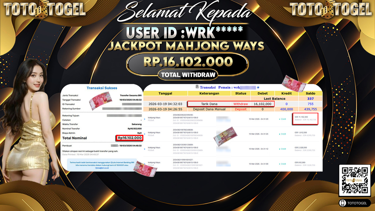 Bukti Pembayaran Jackpot Permainan Slot Mahjong Ways ID:WRK*****LUNAS