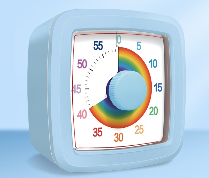 Blue Visual timer for kitchen – a 60-minute rainbow countdown timer, silent operation, suitable for cooking, studying, and everyday tasks. Battery powered (batteries not included), made of ABS plastic