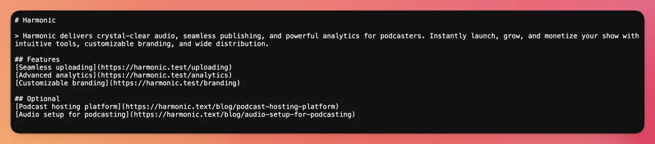 llms.txt screenshot with Rails