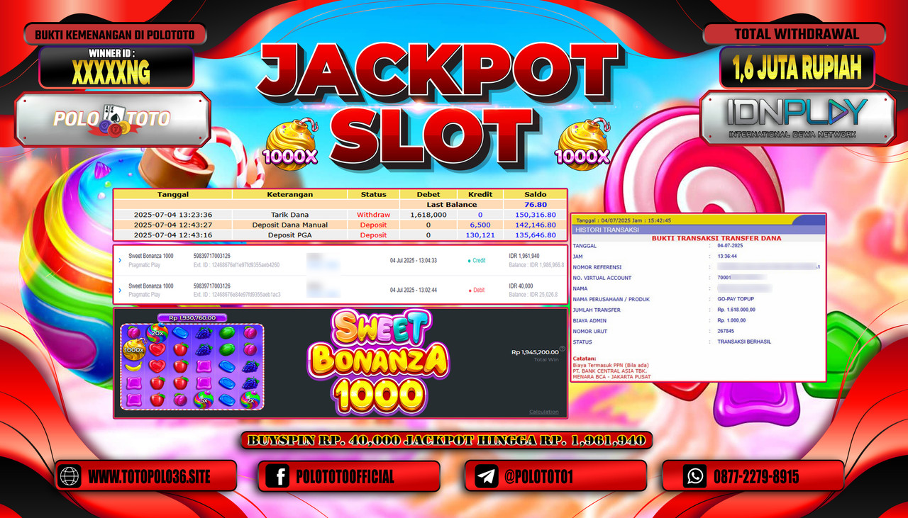 POLOTOTO JACKPOT SLOT SWEET BONANZA Rp.1.600.000,- LUNAS