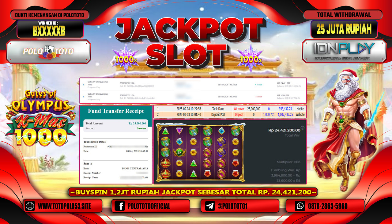 POLOTOTO JACKPOT SLOT GATES OF OLYMPUS XMAS 1000 Rp.25.000.000,- LUNAS