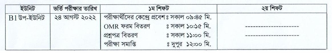 Chittagong University B1 Unit Exam Date