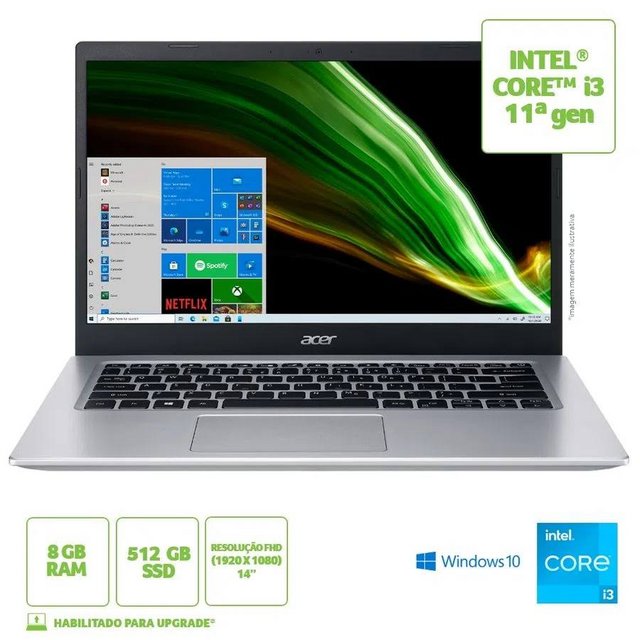 Notebook Acer Aspire 5 A514-54-37M1 Intel Core i3 11ª Gen Windows 10 Home 8GB 512GB SSD 14′ FHD