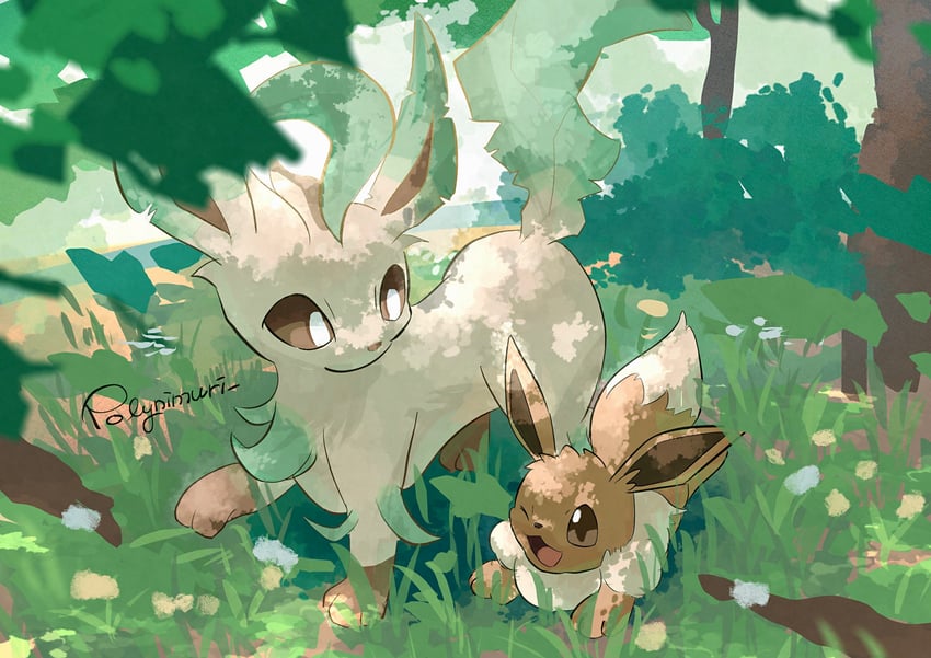 eevee-and-leafeon-pokemon-drawn-by-polyn