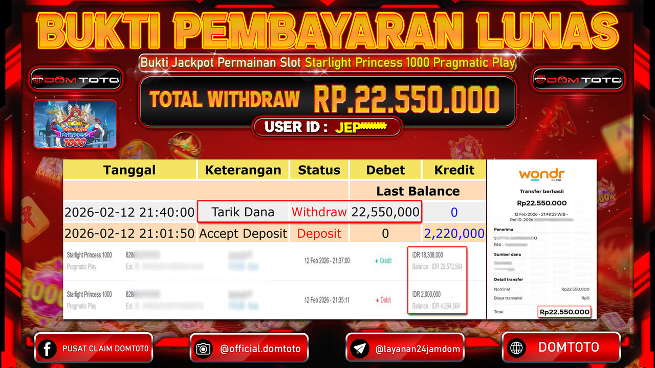 JACKPOT SLOT Menang Slot Starlight Princess 1000 Pragmatic Play 12 FEBRUARI 2026