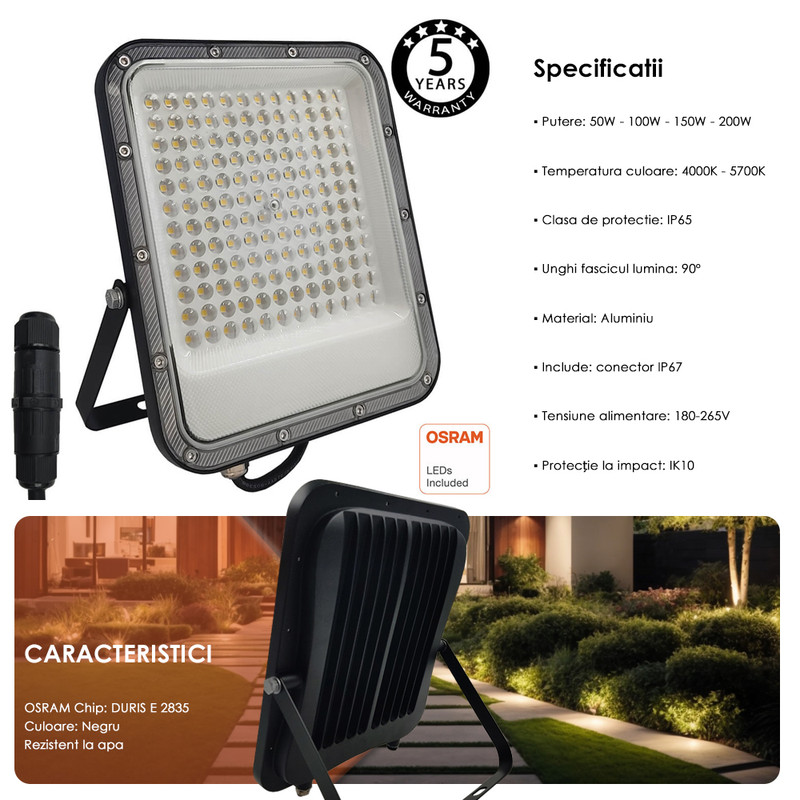 Proiector LED 100W OSRAM Exterior, 11500Lm, IP65 Rezistent la apa, Proiector AVANT Pro, foarte rezistent IK10, Alb Rece 5700K 2 Proiector LED 200 W OSRAM Exterior 23000 Lm IP65 Rezistent la apa Proiector AVANT Pro emag 2