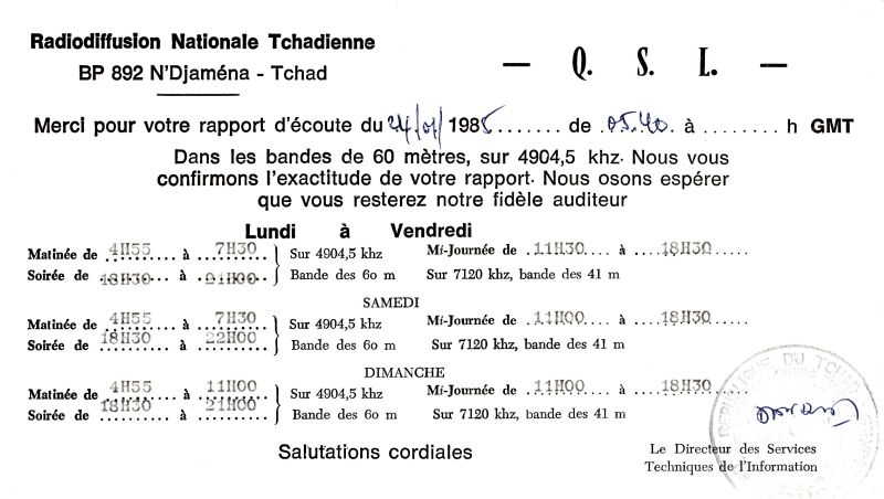 QSL de la R.National Tchadienne QSL-RNT-85-verso