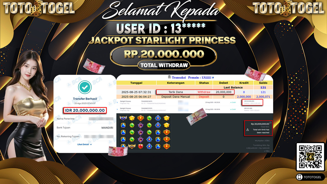 Bukti Pembayaran Jackpot Permainan Slot Starlight Princess ID:13***** LUNAS