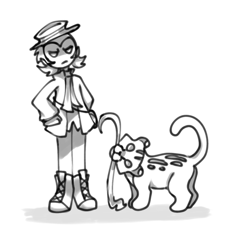 monochrome sketch drawing of angry stickfigure with clouded leopard biting crowbar used as cane.