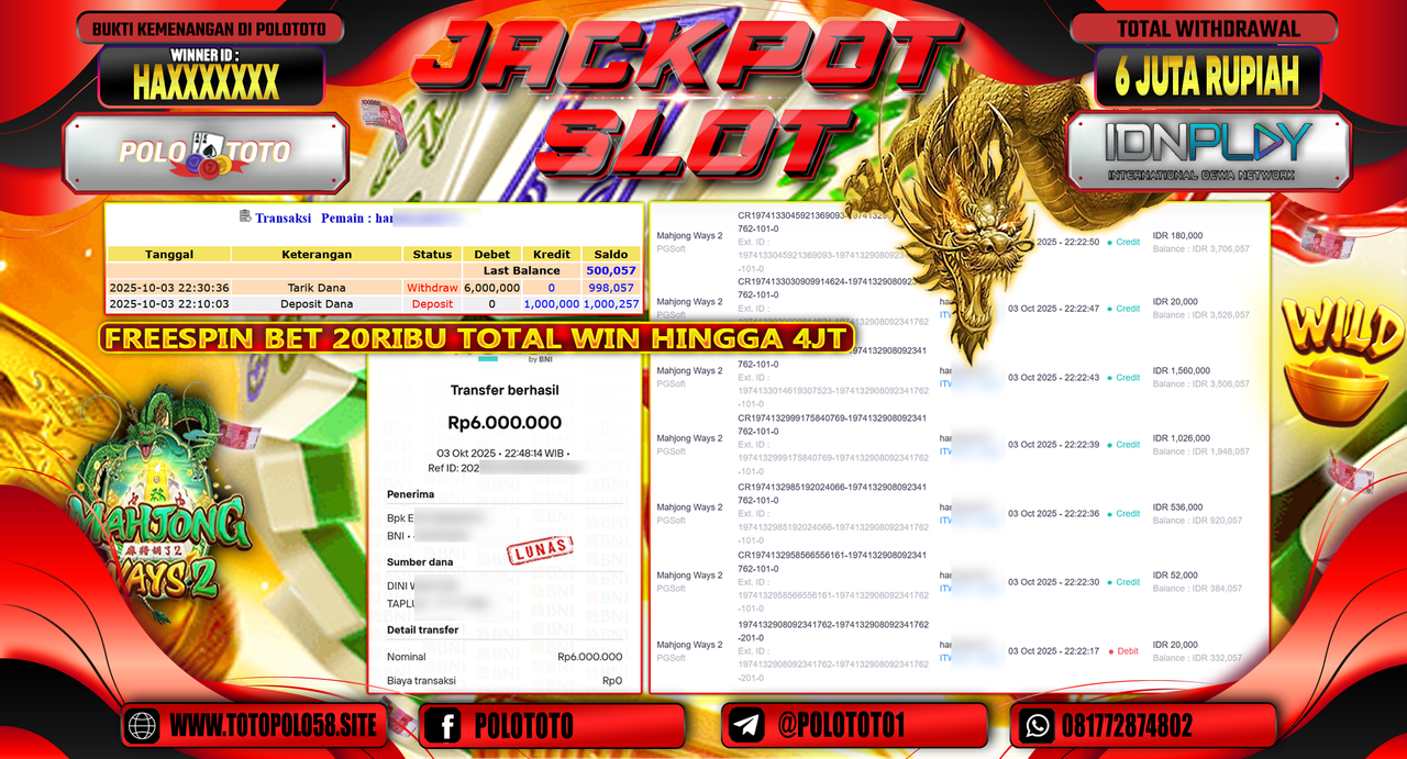 POLOTOTO JACKPOT SLOT MAHJONG WAYS 2 Rp.6.000.000,- LUNAS