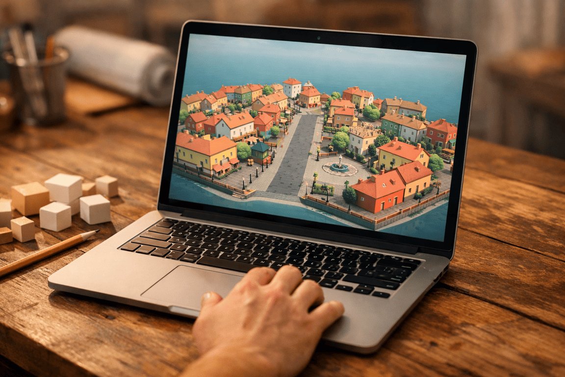 Рабочий стол с ноутбуком и 3D-макетом района в Townscaper