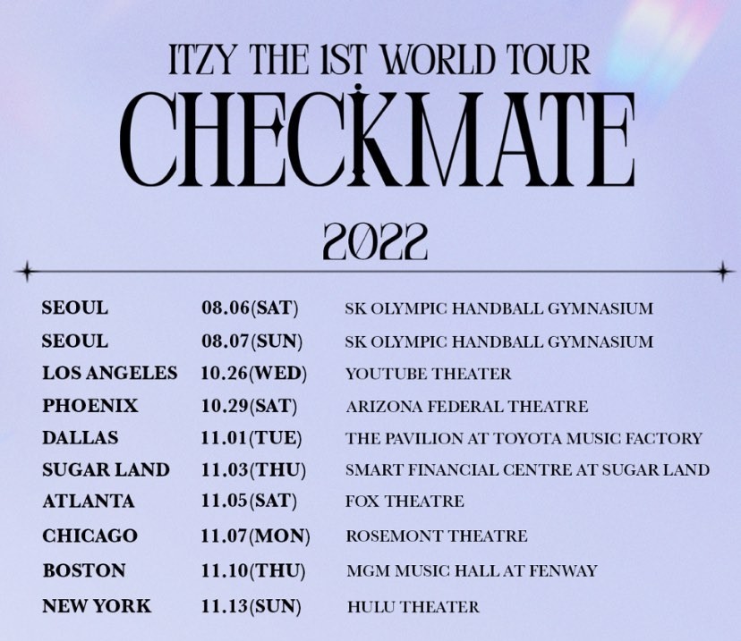Jadwal lengkap konser tur dunia ITZY 'CHECKMATE' di Korea Selatan dan Amerika Serikat yang diadakan pada akhir tahun 2022.