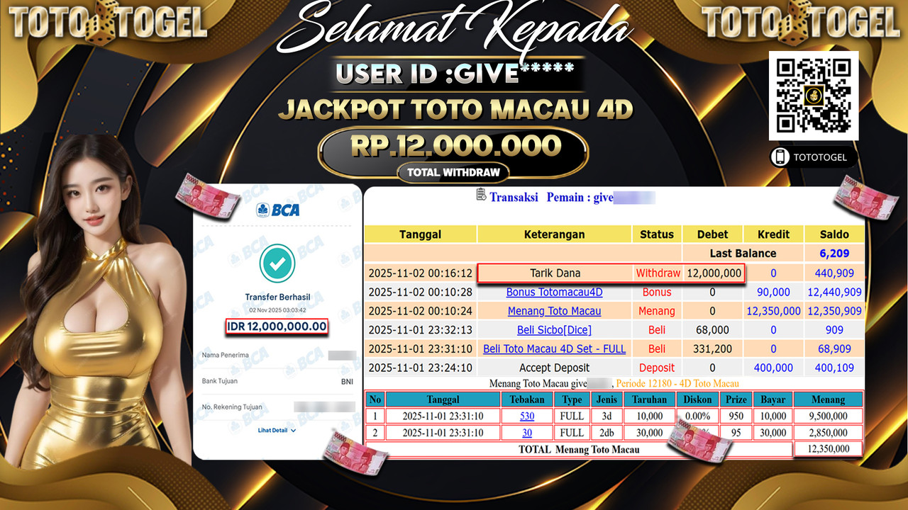 Bukti Pembayaran Jackpot Permainan Togel Toto Macau 4D ID:GIVE**** LUNAS
