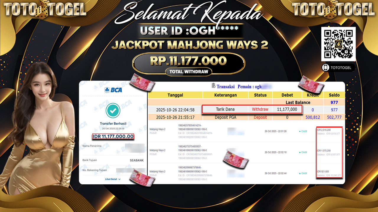 Bukti Pembayaran Jackpot Permainan Slot Mahjong Ways 2  ID:OGH**** LUNAS