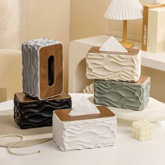 Wave Pattern Tissue Box With Wooden Lid