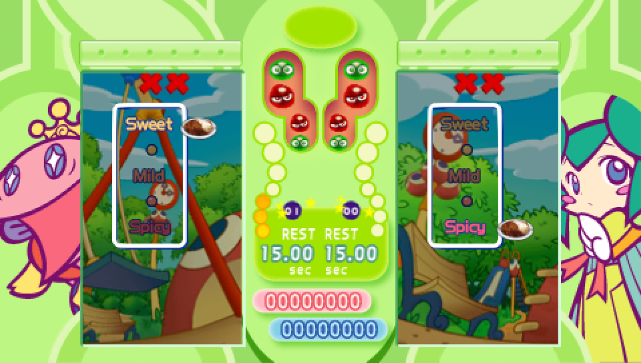 A screenshot of a difficulty selection in Puyo Puyo Fever 2. The options go from Sweet to Mild to Spicy. Ocean Prince is the character on the left, while Lidelle is the character on the right.