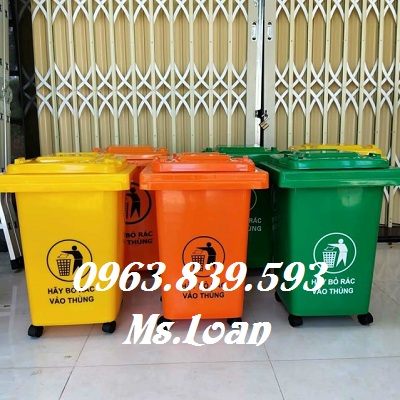 Bán thùng rác 60 lit nắp đậy kín có bánh xe / 0963.839.593 Ms.Loan Thung-rac-nhua-60-L-xanh-la-vang-cam-1