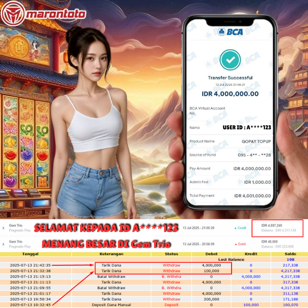 Bukti Kemenangan Member Marontoto Sebesar 4,000,000 JuTa