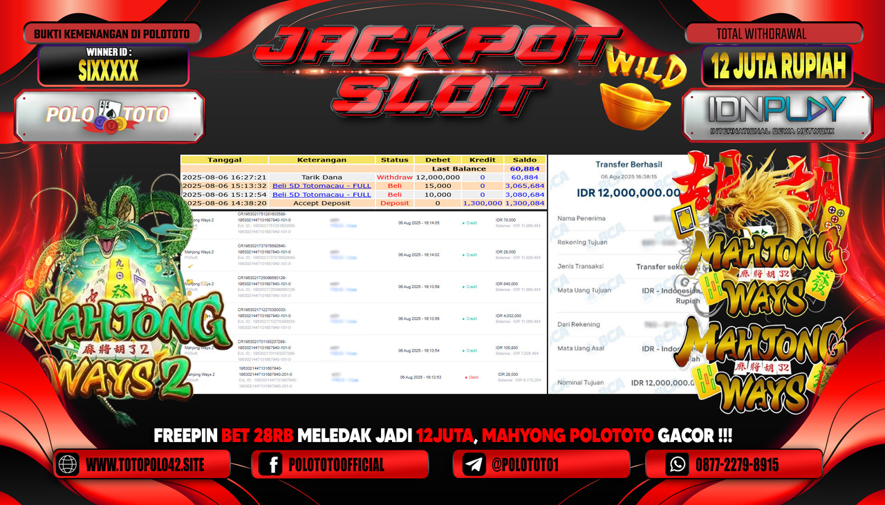 POLOTOTO JACKPOT SLOT MAHJONG WAYS 2 Rp.12.000.000,- LUNAS