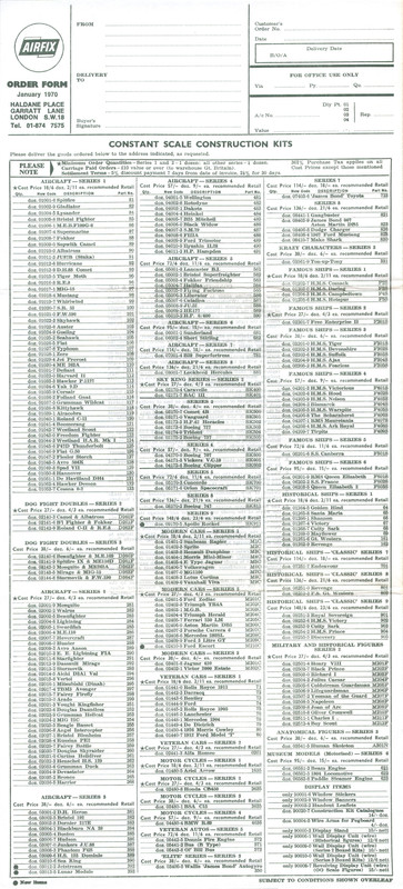 Airfix Order Form January 1970 Constant Scale Kits 1