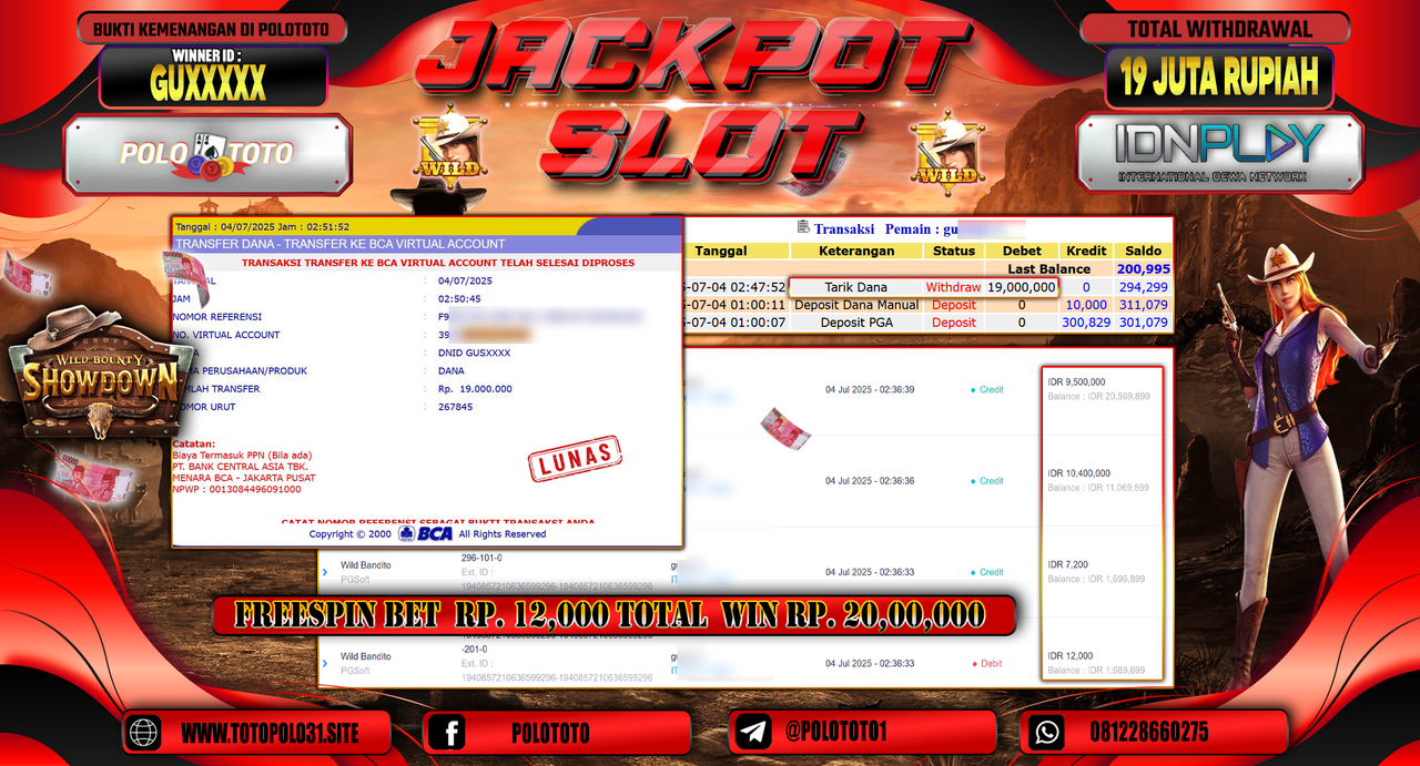 POLOTOTO JACKPOT SLOT WILD BOUNTY SHOWDOWN Rp.19.000.000,-