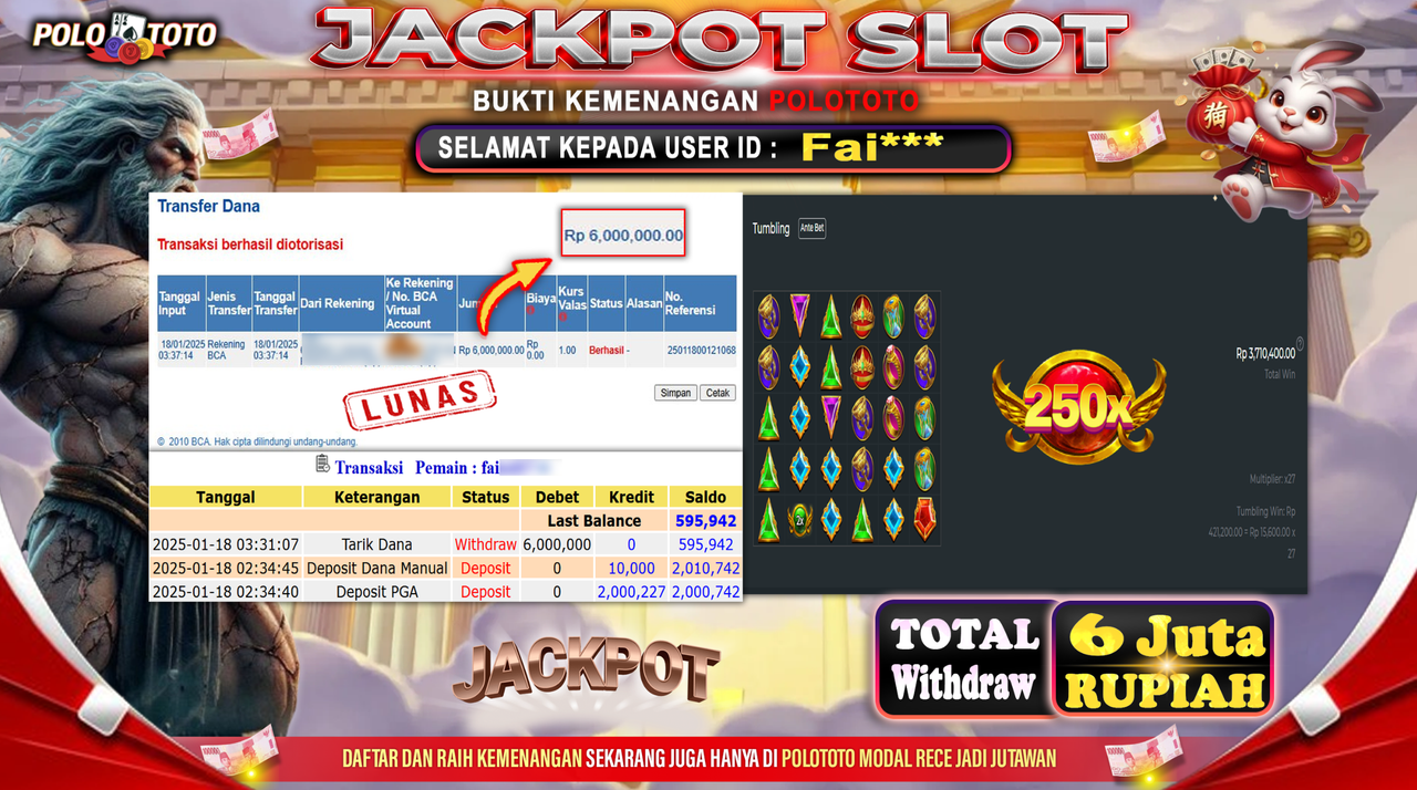 POLOTOTO JACKPOT SLOT GATES OF OLYMPUS 1000 Rp.6,000.000,-