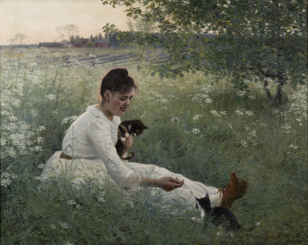 Elin_Danielson-Gambogi_-_Girl_with_cats_in_a_summer_landscape_(1892)