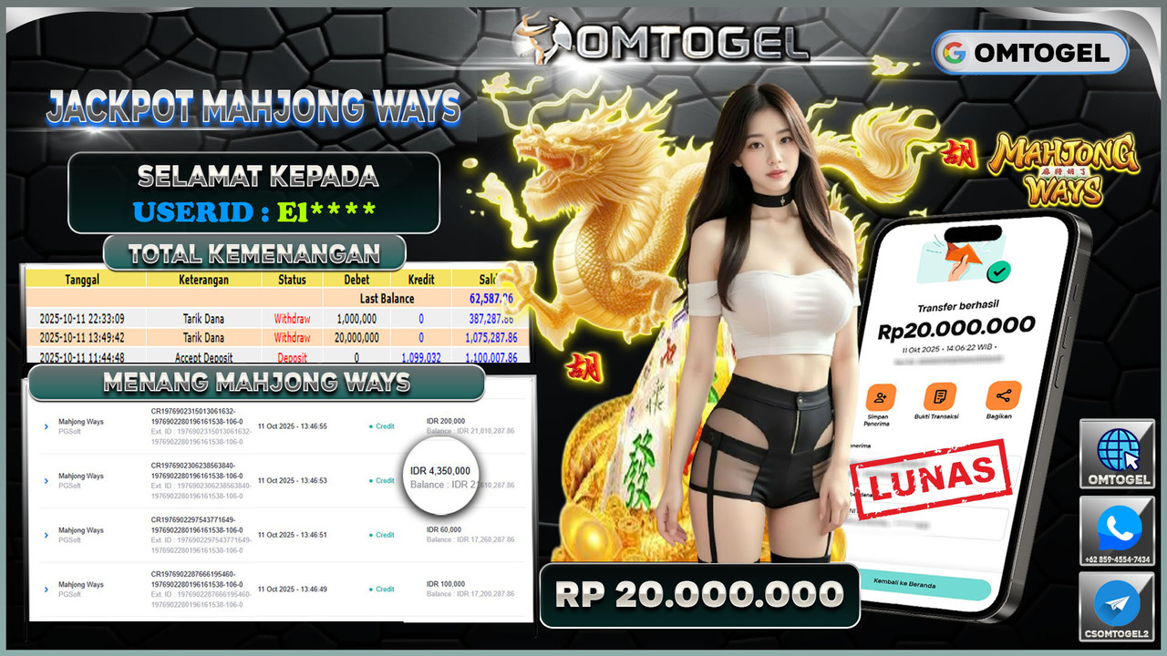 OMTOGEL JACKPOT PGSOFT MAHJONG WAYS 20 JUTA DI BAYAR LUNAS ,-