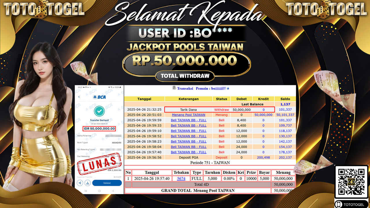 Bukti Pembayaran Jackpot  Permainan Togel Pools Taiwan ID:BO***** LUNAS