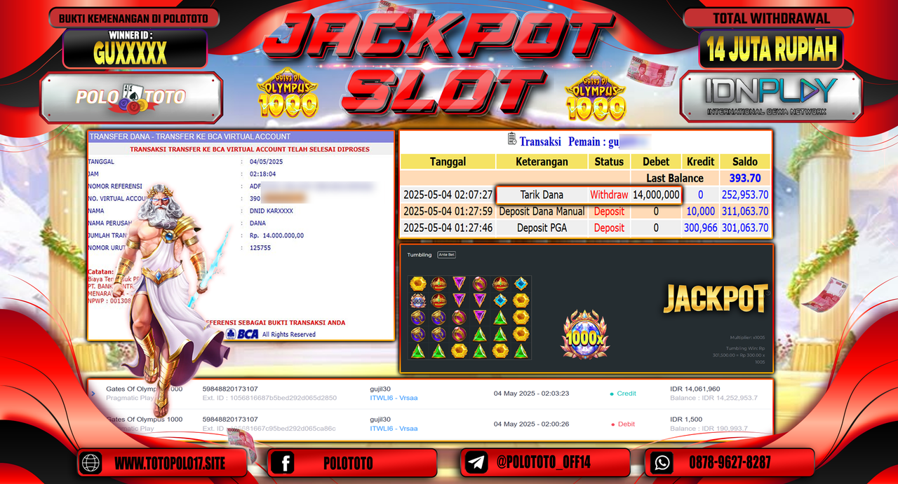POLOTOTO JACKPOT SLOT GATES OF OLYMPUS 1000 Rp.14.000.000,-