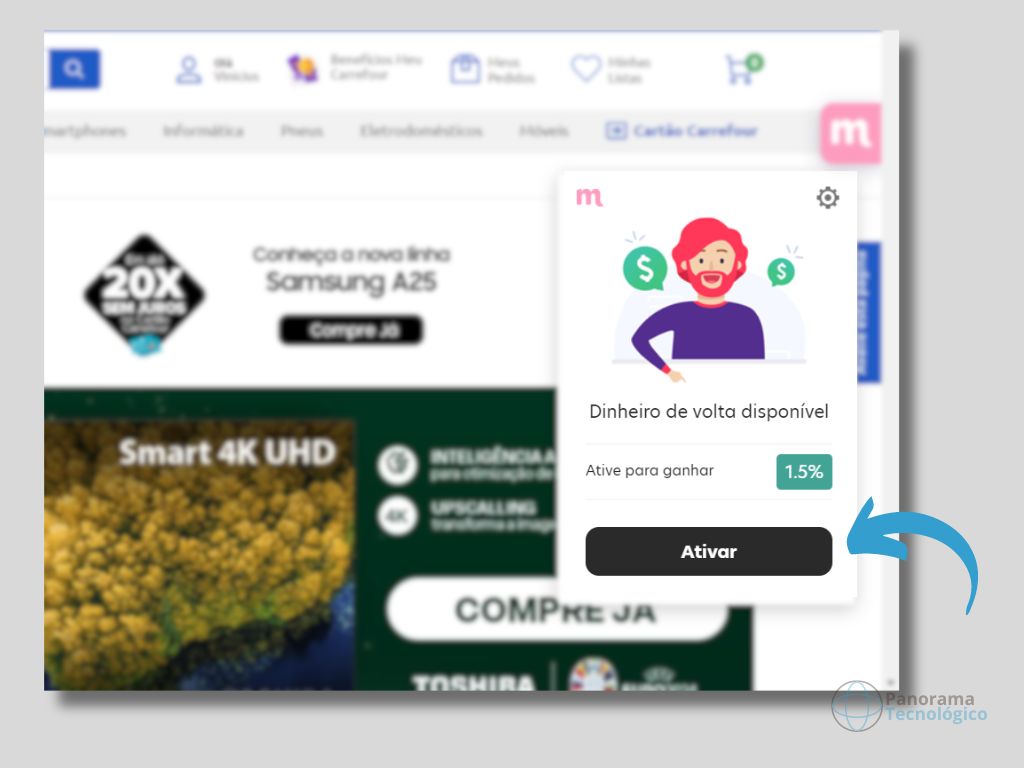 Ativando cashback na extensão do Meliuz. Imagem reprodução.