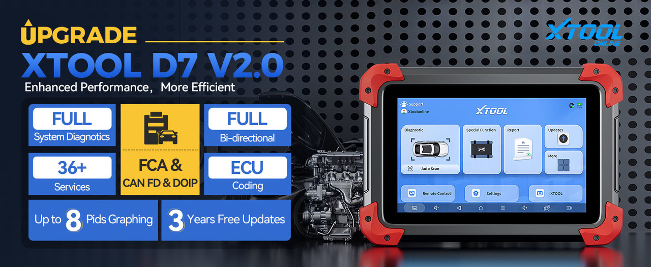 XTOOL D7 V2.0 car diagnostic scan tool with main features listed