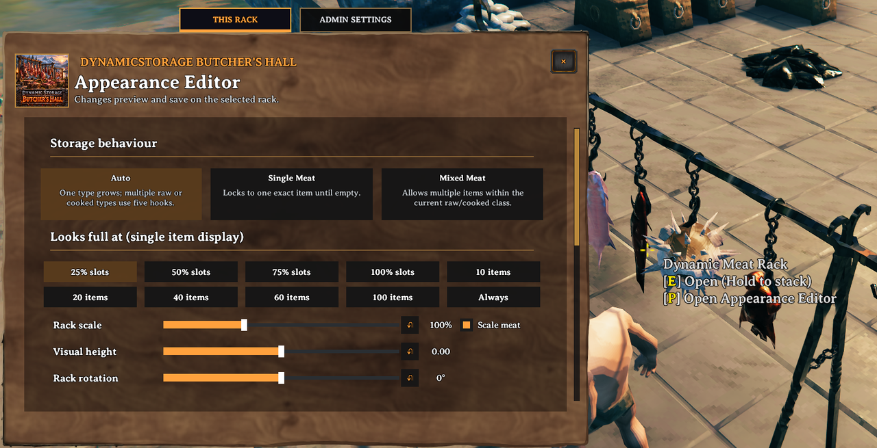Dynamic Meat Rack main Appearance Editor beside a placed rack