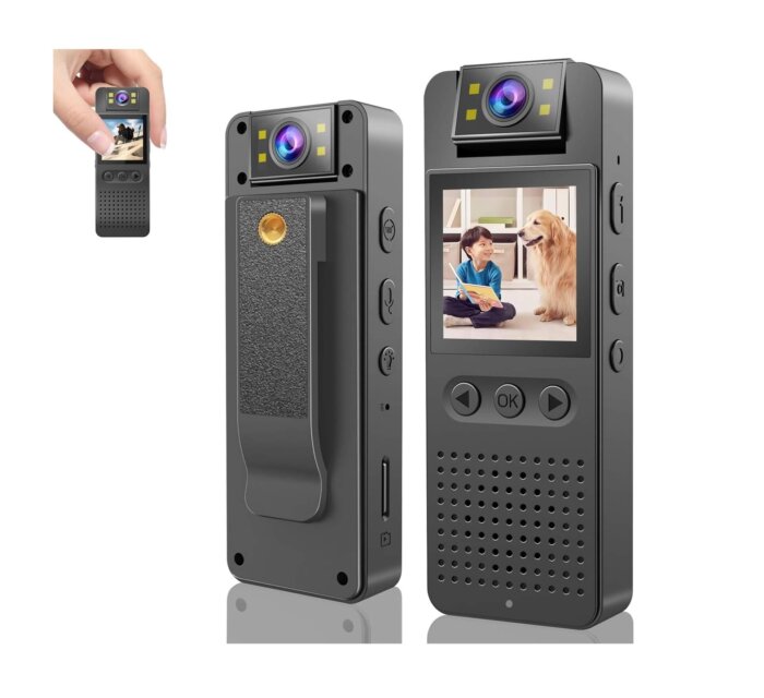 Videocámara de bolsillo HONGHOO mostrando su lente giratorio y pantalla LCD.