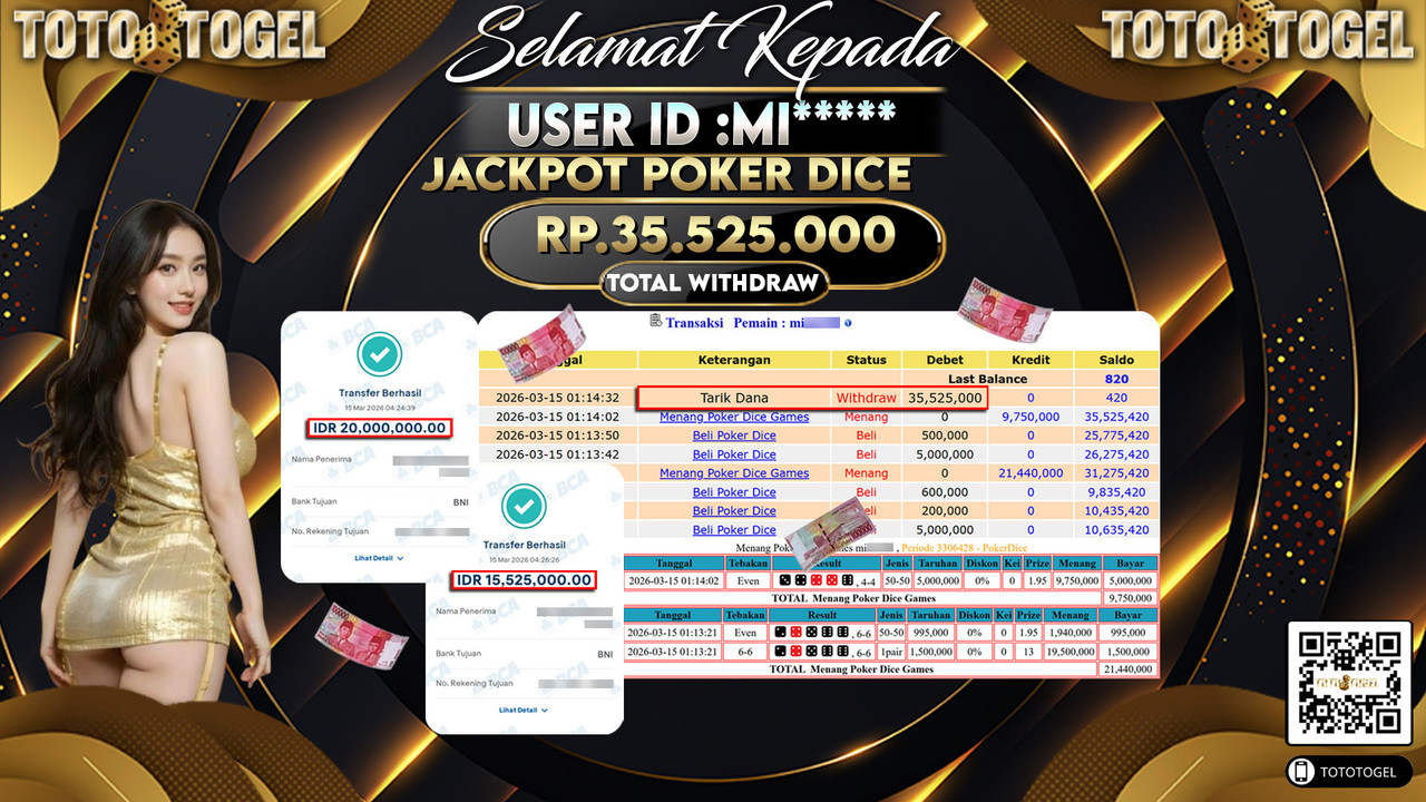 Bukti Pembayaran Jackpot Permainan Live Game Poker Dice ID:MI*****LUNAS