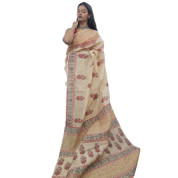 Hand Block Printed Beige Saree with Black, Brown and Red design