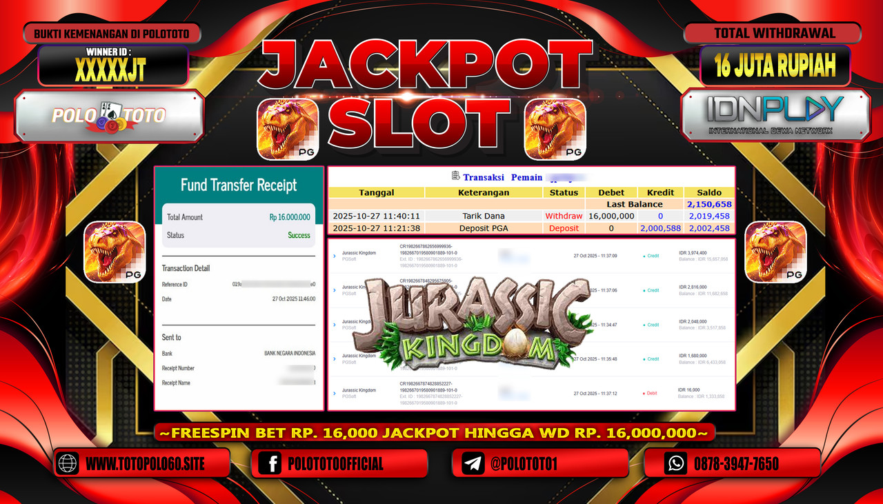 POLOTOTO JACKPOT SLOT JURASSIC KINGDOM Rp.16.000.000,- LUNAS