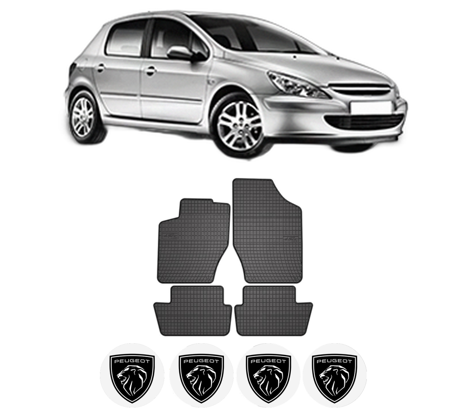 Set covorase presuri PEUGEOT 307 (3A/C) din 2000-2012, auto, din cauciuc thermoplastic, 4 Stickere auto cu PEUGEOT
