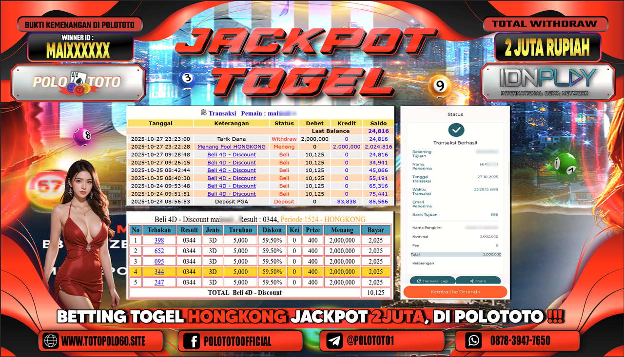 POLOTOTO JACKPOT TOGEL MENANG HONGKONG LOTTO Rp.2.00.000,- LUNAS