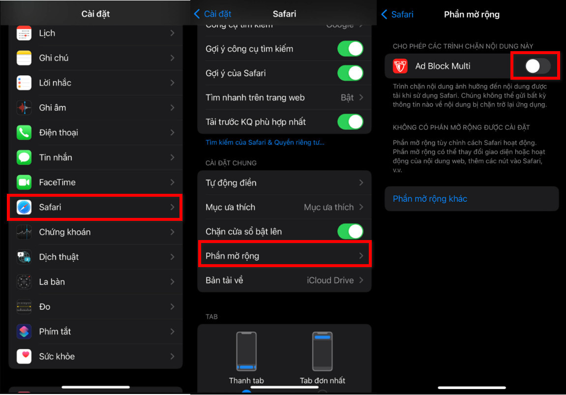 Hướng dẫn bật phần mở rộng Ad Block Multi trong Safari trên iPhone