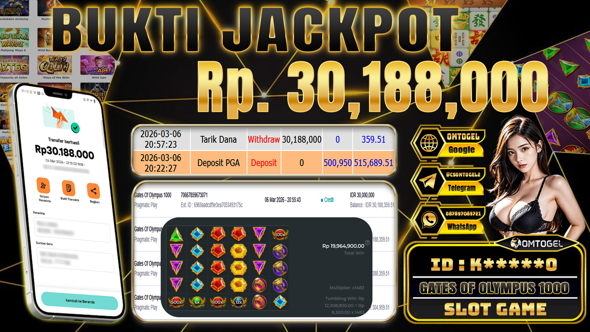 OMTOGEL JACKPOT PRAGMATIC PLAY GATES OF OLYMPUS 1000, 30 JUTA DI BAYAR LUNAS ,-