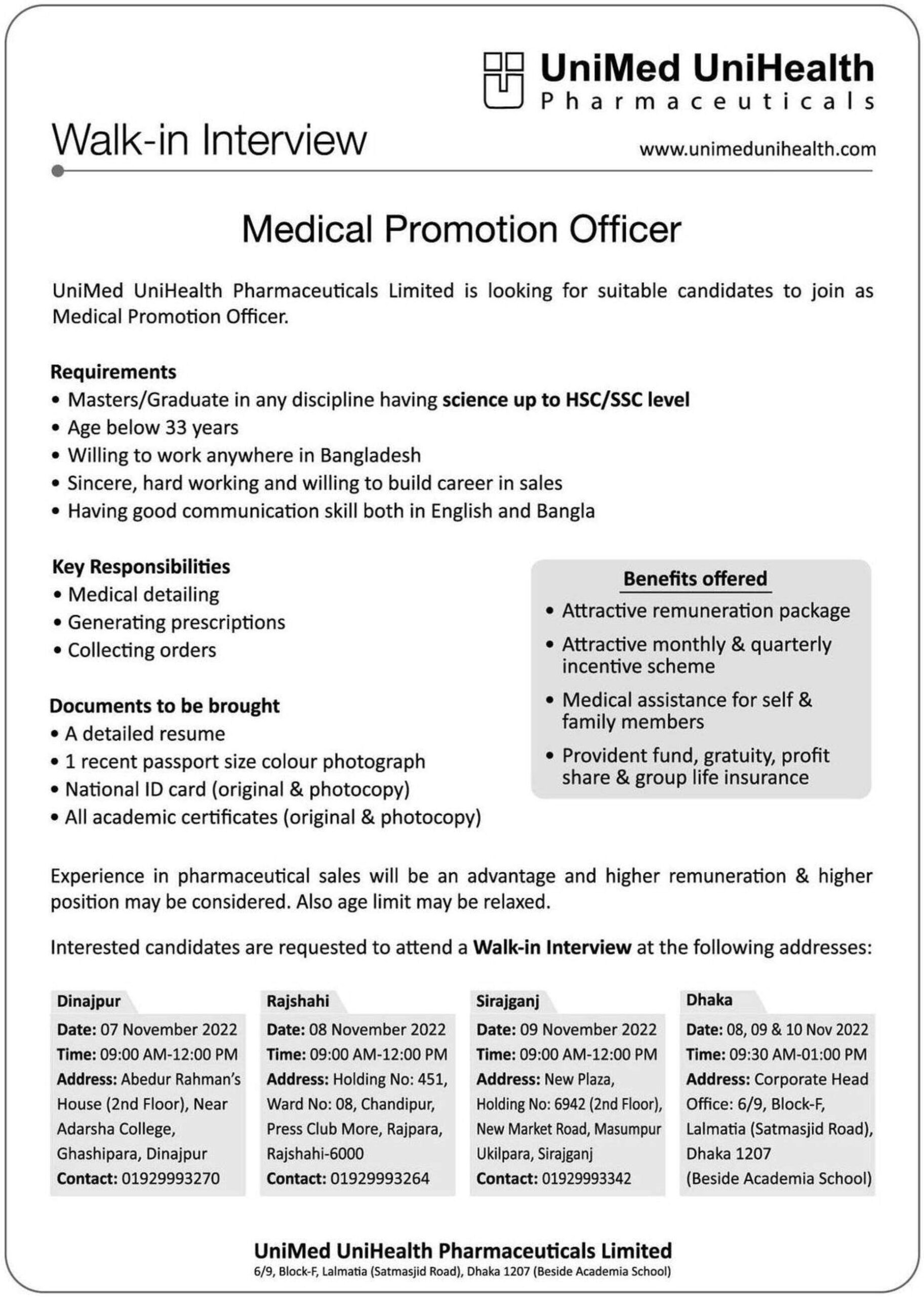 Unimed Unihealth Pharma job circular 2022