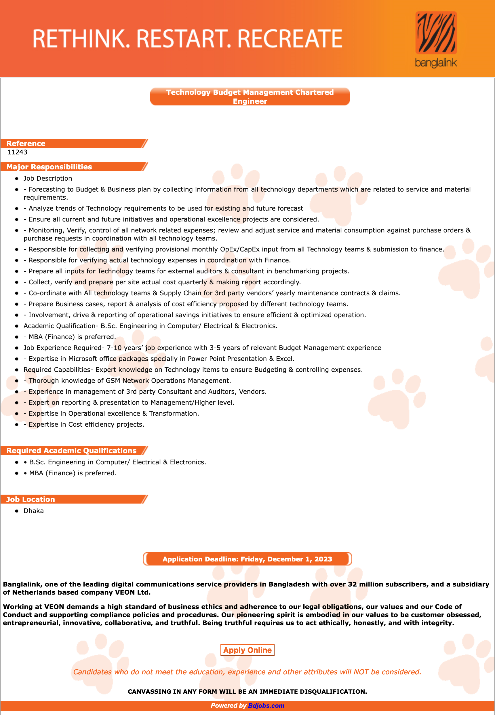 Banglalink Job Circular 2023